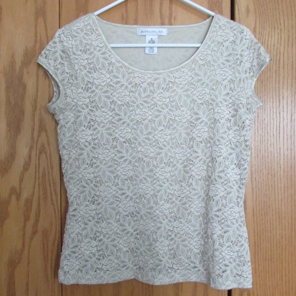 PURSUITS WOMEN'S SIZE M TOP BEIGE STRETCH LACE CAP SLEEVES SHIRT